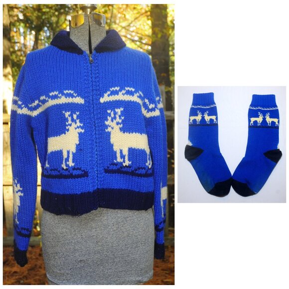 VTG 90's The Limited America Blue Wool Reindeer Sweater & Matching Socks Size SM - Picture 1 of 7